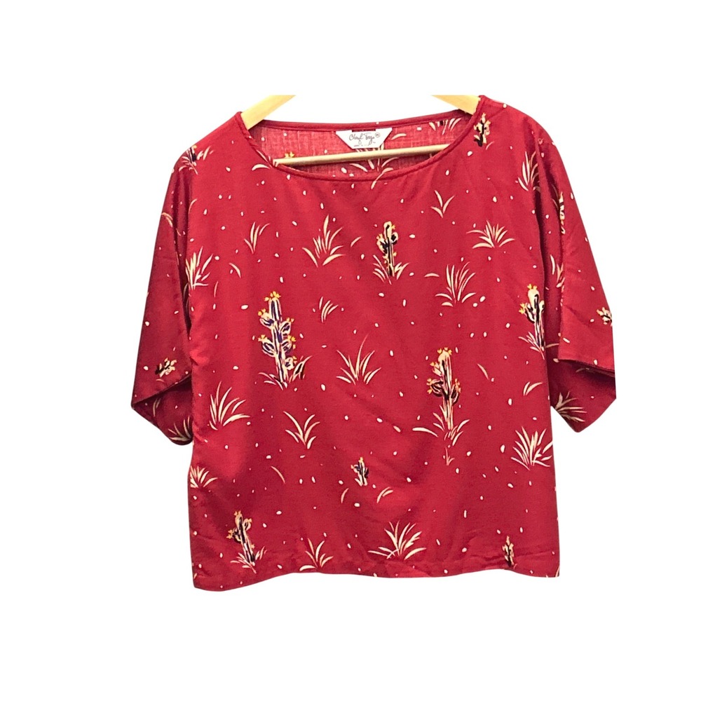 90s Cheryl Tiegs Blouse Cactus Print Southwestern Desert Red Top Made in USA 14